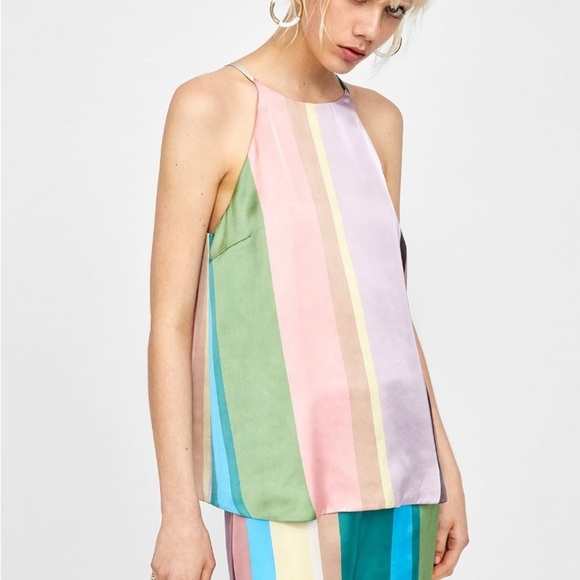 ZARA Pastel Striped Open Back Halter Top & Flowy Palazzo Pants 2pc Coord Set NWT - Picture 5 of 9